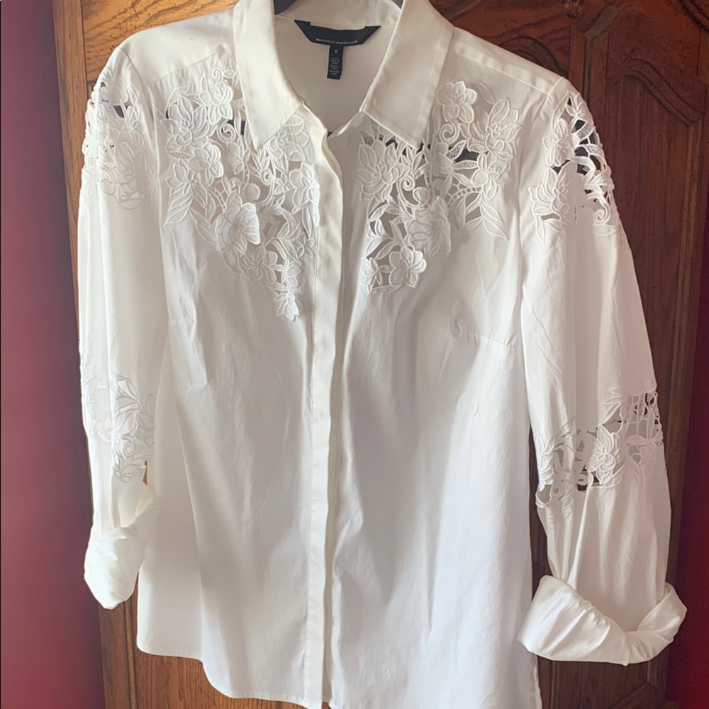 White Embellished Button Down Shirt with Cuffed Sleeves